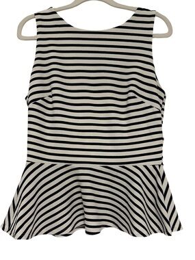 Sleeveless Black and White Striped Peplum Top, Back Zipper, M